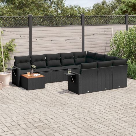 Ensemble Salon Jardin 11 Pièces Noir Résine Tressée avec Coussins et Table Acacia - Meuble Extérieur Modulaire avec Rangement (1/3)