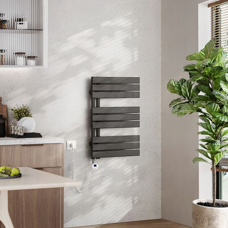 EMKE Elektrischer Badheizkörper mit WiFi 76 x 50 cm Anthrazit 400 W Handtuchheizkörper, Smart Home, Flachrohr 24/7 Timer & Alexa kompatibel