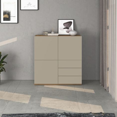 WHOUS Credenza Garda a 3 ante e 3 cassetti tortora opaco e rovere 102x35x110 cm