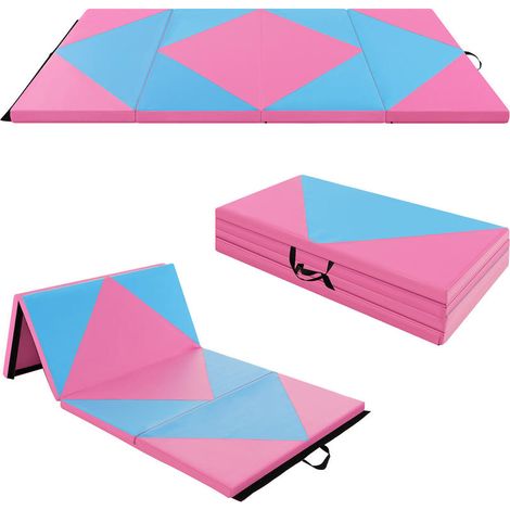 Pour enfants et sportifs, facile à transporter avec poignées : tapis de gymnastique pliable 240cm en mousse EPE rose et bleu (1/5)