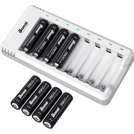 Chargeur de Piles avec 8 Piles Rechargeables AA 2800mAh NiMH 8 slots indépendants, AA 2800mAh, 1.2V, 1200 cycles, intelligent LED, faible autodécharge (1/5)