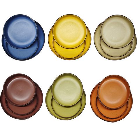 Set Piatti 18 Pezzi Stoneware Colorato Servizio per 6 Persone Multicolore Rustico con Bordo Piatto Piano 26 cm, Fondo 20 cm Frutta 20cm 6 Colori Assortiti con Bordo Scurito