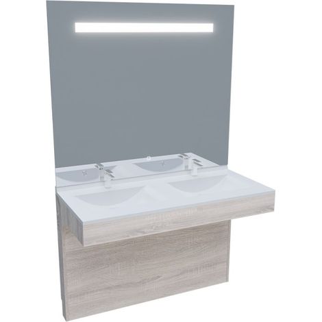 Cuisibane – Meuble double vasque 120 cm avec miroir led – Corps en panneaux mélaminés cambrian oak – Éclairage 1000 lumens – Norme IP44 (1/5)
