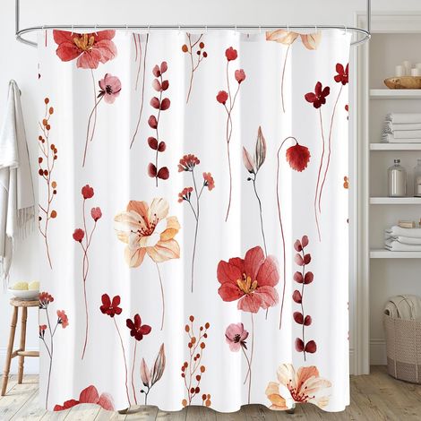 Duschvorhang mit rot-beigem Aquarellblumenmuster, modernes minimalistisches Set aus wasserdichtem Stoff mit Haken fürs Badezimmer, 183 x 183 cm (1/5)