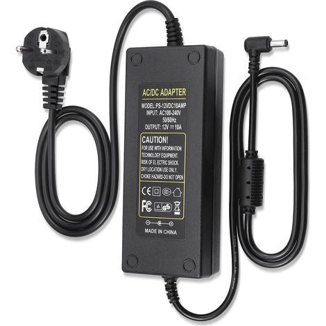 Adaptateur d'alimentation 12V 10A, DC 120W, avec 5.5mm x 2.5mm/2.1mm  Convertisseur de Tension, Transformateur d'alimentation LED, Transformateur pour Vidéosurveillance, écran PC, DVD, TVs etc (1/5)