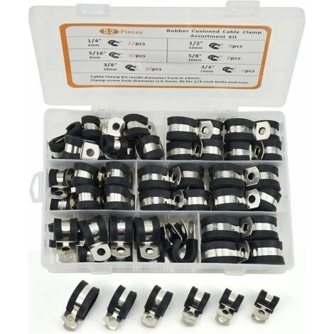 Assortment of Rubber Hose Clamps, 52-Piece Set, Rubber Hose Clamps, P-Hose Clamps, 6 Sizes (1/5)