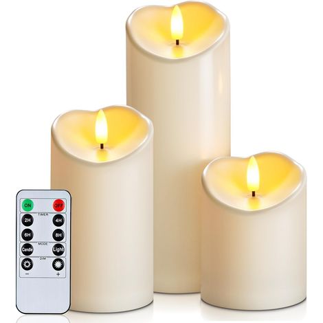 Lot de 3 bougies LED étanches sans flamme avec minuterie et télécommande - Bougies LED à piles - Bougies réalistes en plastique pour mariage, festival, décoration de la maison (1/5)