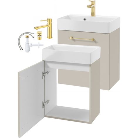 Wandhängender Badezimmerschrank mit Waschbecken und goldfarbener Kaschmirarmatur 60x50cm Elara (1/5)