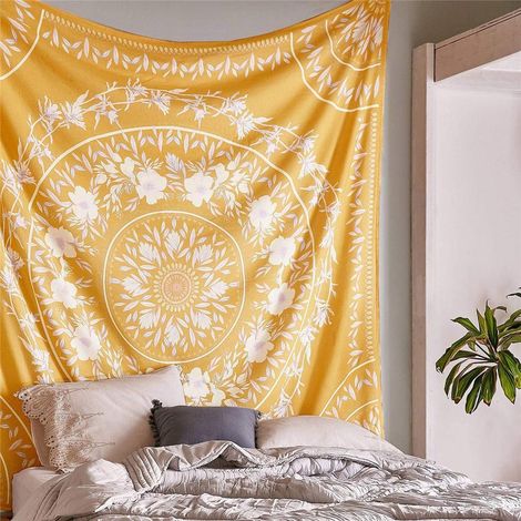Tapis mural mandala bohème 130x150cm, tenture décorative nature pour salon, chambre, dortoir, jeté de lit couvre-lit jaune, art textile ethnique. (1/5)
