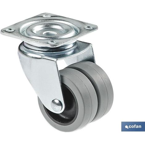 COFAN rueda doble polipropileno placa ø50mm , Rueda doble de diámetro Ø 50 mm con placa giratoria, resistente y diseñada para muebles pequeños, equipamientos comerciales, expositor