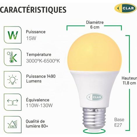CLAR - E27 Warm White LED Bulb, E27 Indoor LED Bulbs, 100W Bulb, 3000K 15W (1/4)