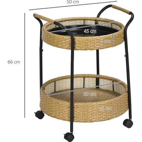 Chariot rond rotin naturel Φ50x66cm à 2 étagères avec poignées,polyvalent pour jardin,cuisine et bar extérieur.