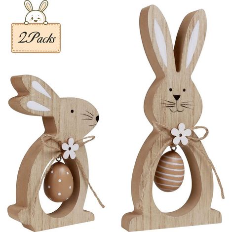 Ensemble de décorations de Pâques 2 pièces : Lapin rustique en bois avec plateau à œufs - Cadeau de Pâques pour enfants (1/5)