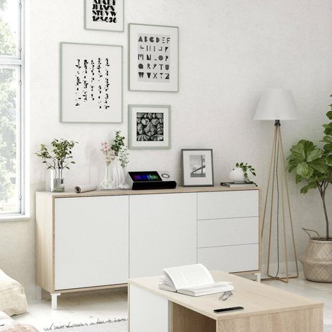 Buffet Concord, Salon Buffet, Meuble TV, Armoire de salon, Moderne avec 2 portes et 3 tiroirs, 154x41h74 cm, Chêne et Blanc (1/5)