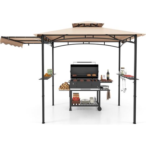 COSTWAY Tonnelle de Barbecue 318 x 153 cm avec Auvent Latéral, Abri Barbecue Cadre en Métal avec Dessus à 2 Niveaux 2 Etagères Latérales Crochets (Beige,Deluxe avec Auvent Latéral) (1/5)