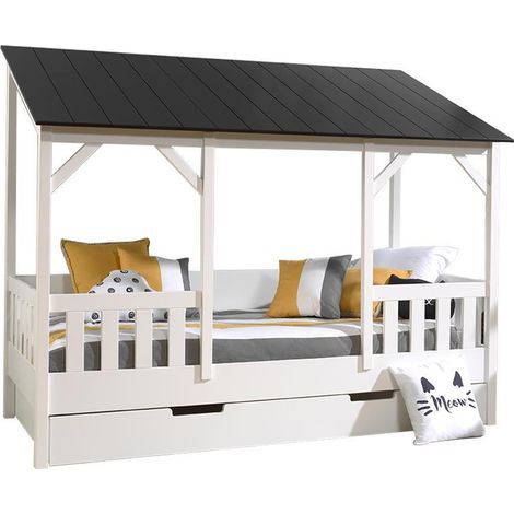 Lit cabane gigogne 90x200 pin massif blanc toit noir Henri (1/4)