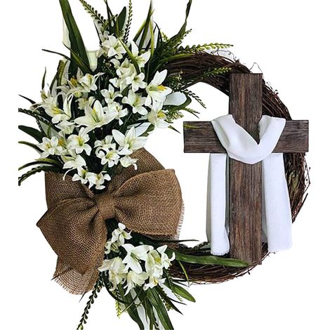 Guirlande De Porte De Pâques - Couronne De Printemps Avec Croix - 40 Cm - En Plastique Blanc - Décoration Extérieure Et Intérieure - 1 Pièce (1/5)