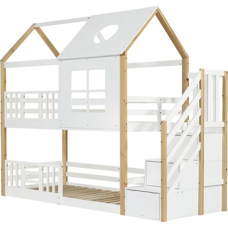 Hochbett in Hausform mit Stauraumtreppe 90x200 cm weiß und natur MODENUIT (1/5)