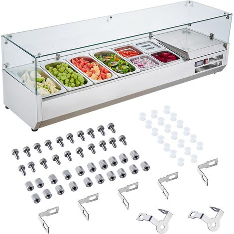 Mophorn Gekühlte Gewürzzubereitungsstation von , 155 W gekühlte Gewürzstation für die Arbeitsplatte, mit 4 1/3 Pfannen und 4 1/6 Pfannen, Korpus aus Edelstahl 304 und Deckel aus Polycarbonat