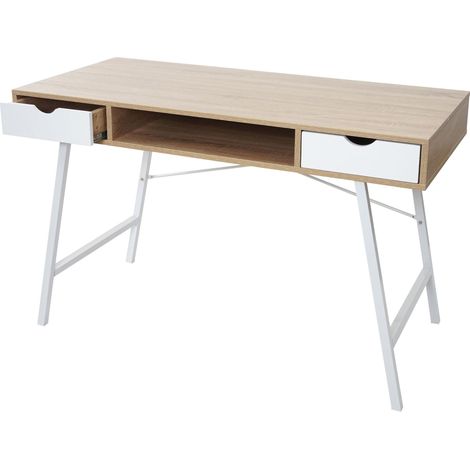 Scrivania per computer dal design scandinavo con 2 cassetti 120x60cm in MDF bianco e marrone naturale 040001440