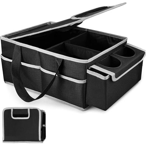 Organizer per bagagliaio auto, fondo antiscivolo, scomparti multipli, contenitore pieghevole per accessori auto con coperchio (nero) (1/5)