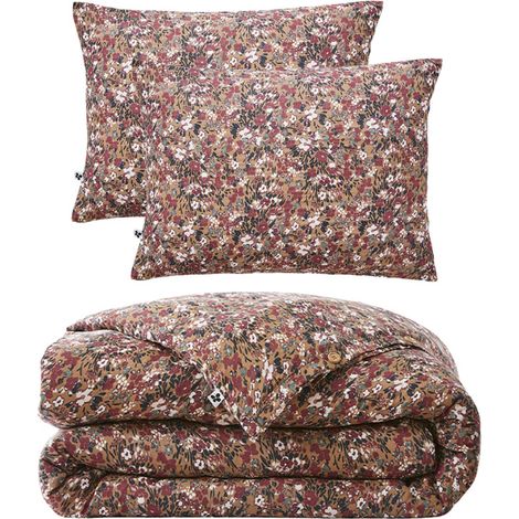 Parure de lit 200 x 200 cm gaze de coton camel et fleuri - ISABELA 1 (1/5)