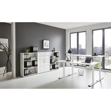 BMG Möbel Büromöbel-Set, e-Office Edition Set 14, Schreibtisch höhenverstellbar, 160 cm, weiß/ weiß hochglanz