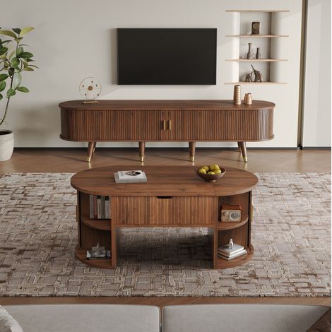 2-teiliges Wohnzimmerset 175x38x44.7 cm / 100x50x40.5 cm Nussbaum MDF mit Schiebetüren, Hubplatte und Stauraum (1/5)