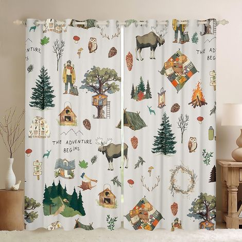 Rideaux de Camping en Carton Animés pour Fenêtres, Rideaux de Voyage d'Aventure dans la Jungle pour Salon Chambre à Coucher, Animaux Élans Sauvages Arbres de Montagne 100% Rideaux - 66W72L inch2 (1/5)