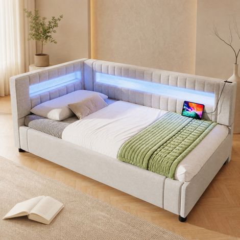 Letto tipo divano con contenitore idraulico 90x200 cm beige con LED, USB e USB-C (1/5)