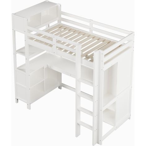 Hochbett 90x200 cm mit Schreibtisch, Regalen und Schrank, Weiß, ohne Matratze, HOMVRA (1/5)