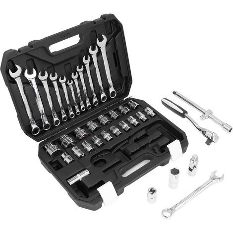 Coffret 37 pièces cliquet douilles en acier chrom vanadium, outillage multifonction universel pour réparation automobile (1/5)