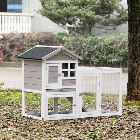 Clapier cottage à lapins - sapin blanc gris - niche supérieure avec rampe - toit bitumé - enclos extérieur - 128x64x92 cm