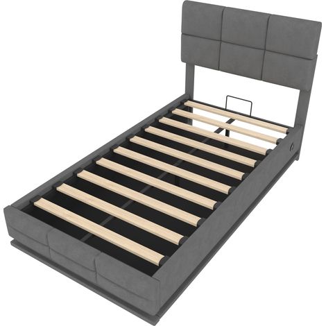 Cama con almacenaje 90x200 cm de terciopelo gris oscuro con cabecero regulable (1/5)