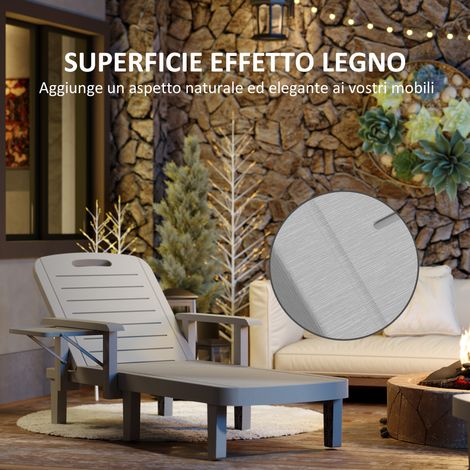 Lot de 2 transats de jardin inclinables, avec table et repose-bras, en polypropylène gris clair, dimensions 79x158x88 cm