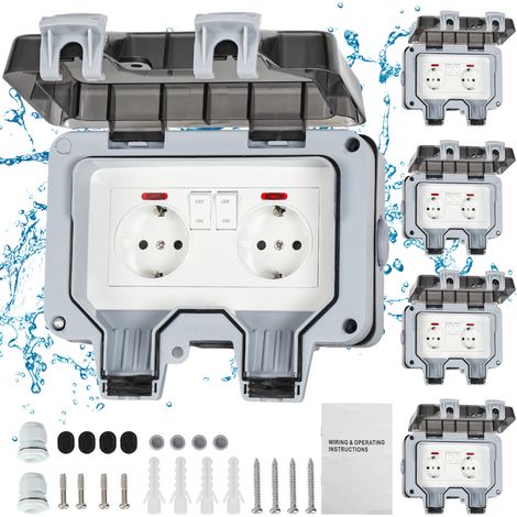 TolleTour 5X Außensteckdose Gartensteckdose Outdoor Steckdose IP66 16A Wasserdicht Staubdicht Wandsteckdose 2 Loch mit Schalter