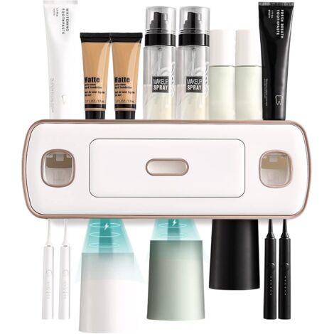 Porte-brosse à dents mural avec distributeur de dentifrice 2 en 1 4 emplacements pour porte-brosse à dents 3 gobelets magnétiques pour brosse à dents (1/5)