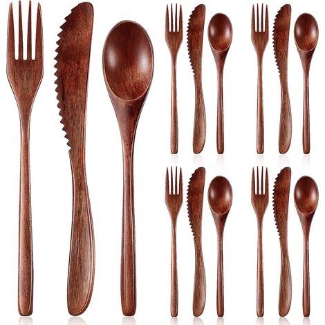 Couverts En Bois - Cuillère Fourchette Couteau Cuisine Maison Pique-Nique Camping 12 Pièces