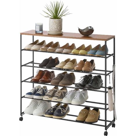 Étagère à Chaussures à 5 Niveaux avec Tablette en Bois et roulettes, Noir, Acier/Bois/Nylon, Minimaliste, 90.5x26x87 cm (1/5)