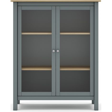 Pegane – Vitrine en pin massif vert kaki avec 2 portes – Dimensions 90 x 40 x 110 cm – Plateau en chêne – Meuble de rangement design (1/5)