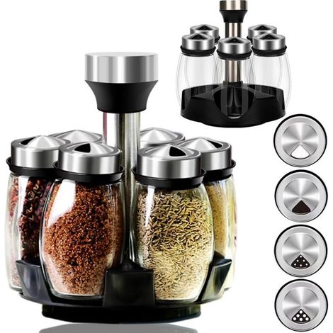 Lot de 6 pots à épices, avec insert doseur, shakers à épices, carrousel à épices, support à épices, saupoudres à sel, grands pots à épices pour cuisine, barbecue extérieur, grillade, cuisson (1/5)