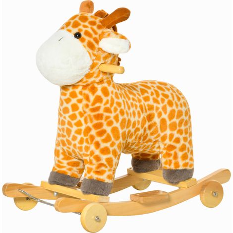 Cavallo à Dondolo pour Enfants en Girafe avec Roues et Sons, Jeu de Cavalcade pour Enfants de 3-6 Ans en Peluche et Bois, 63x38x63cm, Jaune (1/5)