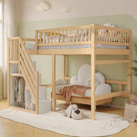 Lit 140x200 avec escalier de rangement, garde-corps haut, bois naturel 205 x 192 x 173 cm DESVIAE (1/5)