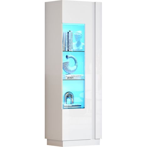 Armoire 6040180 cm, vitrine avec porte en acrylique, meuble de rangement brillant avec éclairage LED, 3 étagères en verre, meuble haut, armoire de rangement, armoire colonne, meuble de canapé, blanc (1/5)
