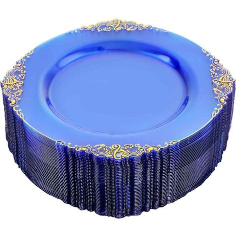 25 assiettes en plastique, roses avec finition dorée, jetables, pour fêtes, mariages et anniversaires (1/5)