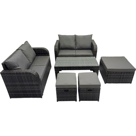 Fimous 3 Seater Sofa Reclining Chair Coffee Table Set Rattan Garden Outdoor Furniture Set with 3 Stools Dark Grey Mixed (1/5)