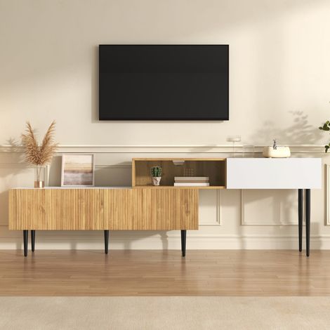 Meuble tv modulable 140-260 cm bois et blanc mat avec pieds en métal noir, design moderne (1/5)