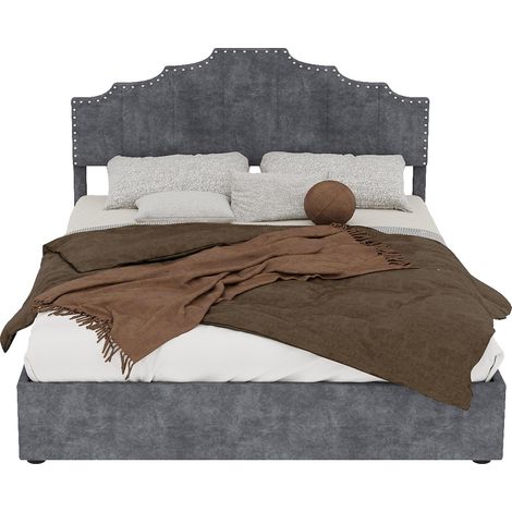 Lit moderne minimaliste moelleux 140x200 cm gris avec tête de lit confortable, sommier haut à gaz et matelas inclus – chambre (1/4)
