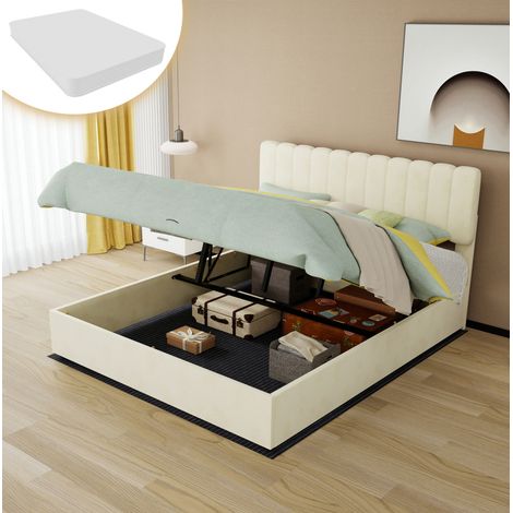 Cama tapizada moderna beige 160x200 cm en tejido aterciopelado, con cabecero alto y colchón incluido