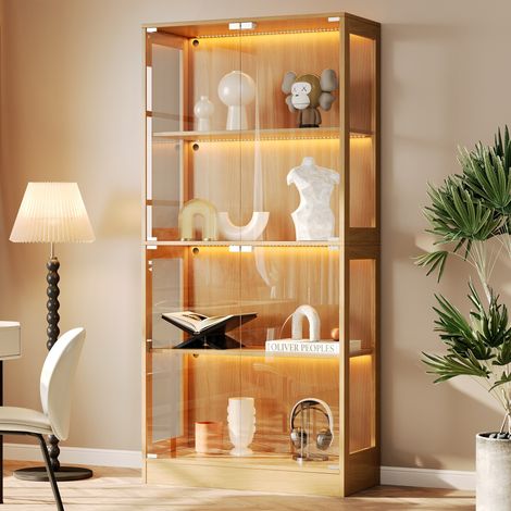 Vitrine verre d'Exposition 80x35x170 cm, Meuble de rangement LED, Connectée App Bois Naturel, Bibliothèque, Design Moderne